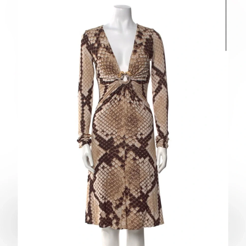 Roberto Cavalli Brown and Cream Long Sleeve Dress - Picture 1 of 3
